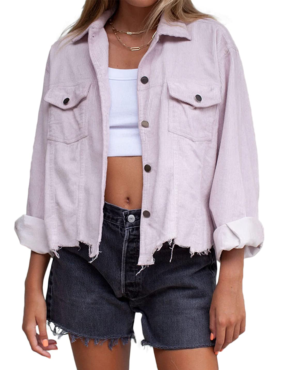 Hongsui Women's Casual Cropped Corduroy Jacket - Button Down Solid Short Jacket for Spring & Fall Outfits | Perfect for Work, Date Night and Weekend Wear