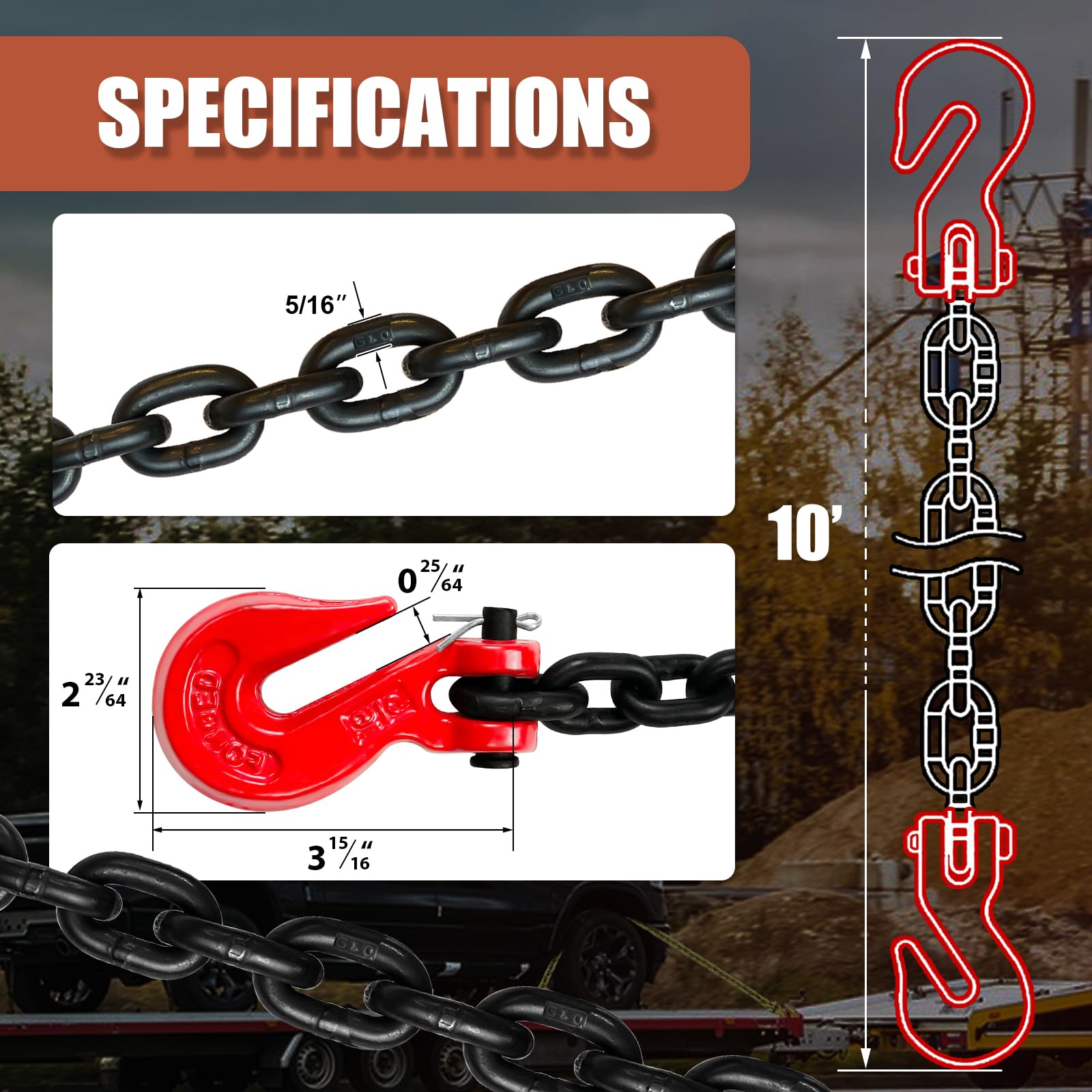 G80 5/16 Inch x 10 Foot Heavy Duty Transport Binder Chain - 4,900 lbs Safe Working Load with Clevis Grab Hooks | Towing Chain for Trucks, Trailers & Equipment | Ideal for Transporting, Towing & Securing Loads | Durable Trucker's Chain for Professional Use