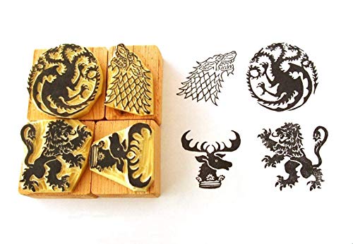 Hand Carved Game of Thrones Rubber Stamp Set - House Targaryen, Stark, Lannister & Baratheon Sigils - DIY Wax Seal Stamps for Invitations, Letters & Medieval-Themed Crafts