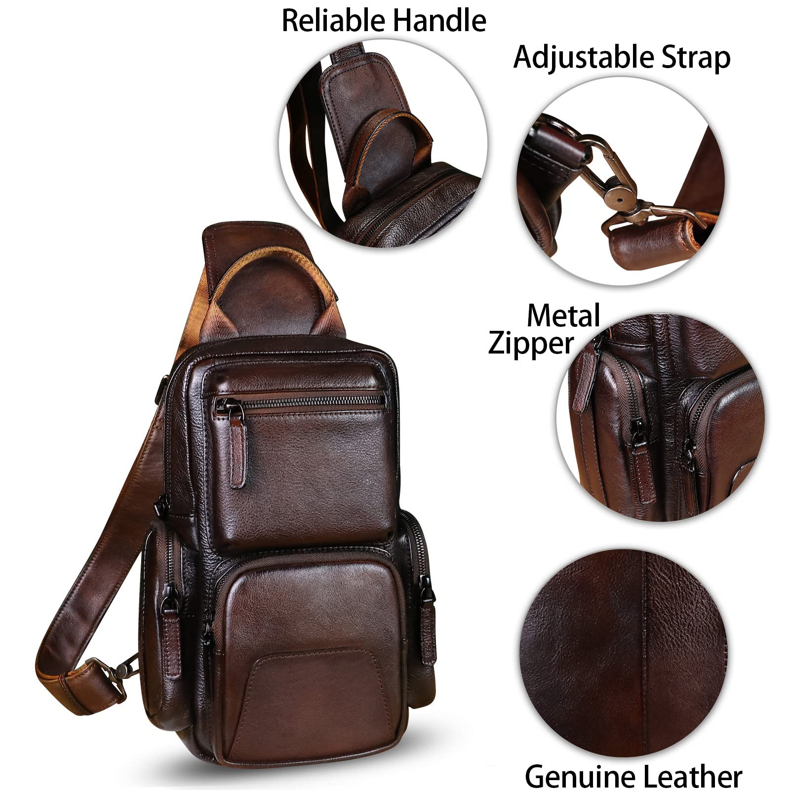 IVTG Genuine Leather Crossbody Sling Bag - Vintage Handmade Chest Shoulder Backpack for Hiking, Motorcycle & Casual Use (Coffee Brown)