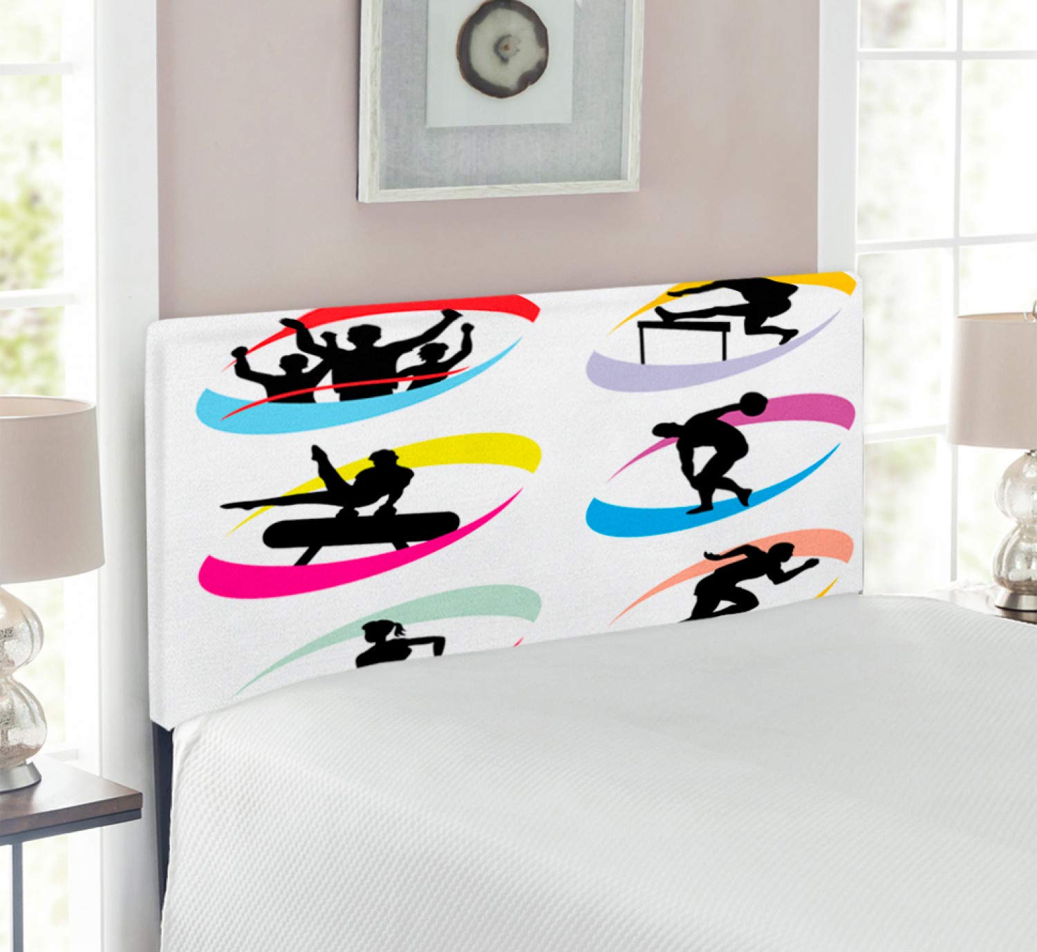 Ambesonne Olympics Headboard - Silhouette of Sports & Competition Games (Running, Jumping, Sprinting) - Upholstered Decorative Metal Bed Frame with Memory Foam - Twin Size in Black & Red - Perfect for Sports-Themed Bedrooms & Olympic Fan Decor