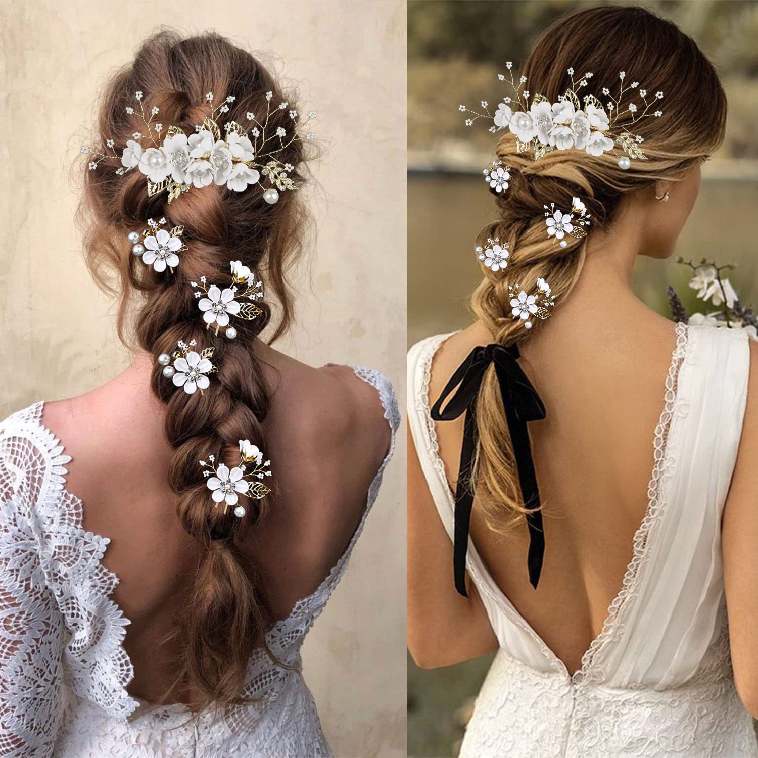 5 PCS Gold Crystal Pearl Wedding Hair Pins - Rhinestone Bridal Hair Clips Headpiece for Brides, Bridesmaids, Women & Girls - Perfect for Updos, Weddings, Prom & Special Occasions (Pure White Flower)