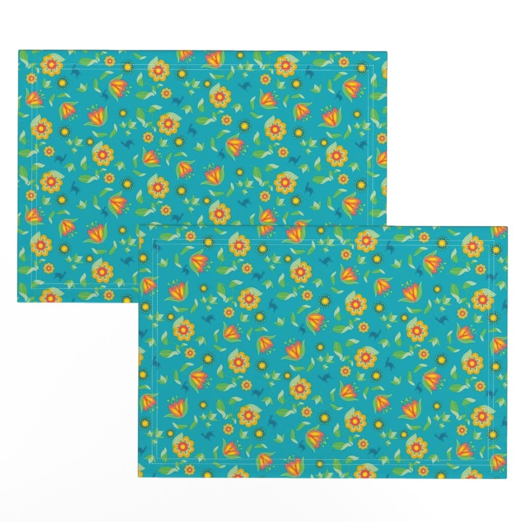 Premium Linen Cotton Canvas Placemats Set of 2 - Alpaca Meadow Floral Print in Green Teal & Orange | Washable Table Mats for Dining, Kitchen Decor, and Party Table Settings
