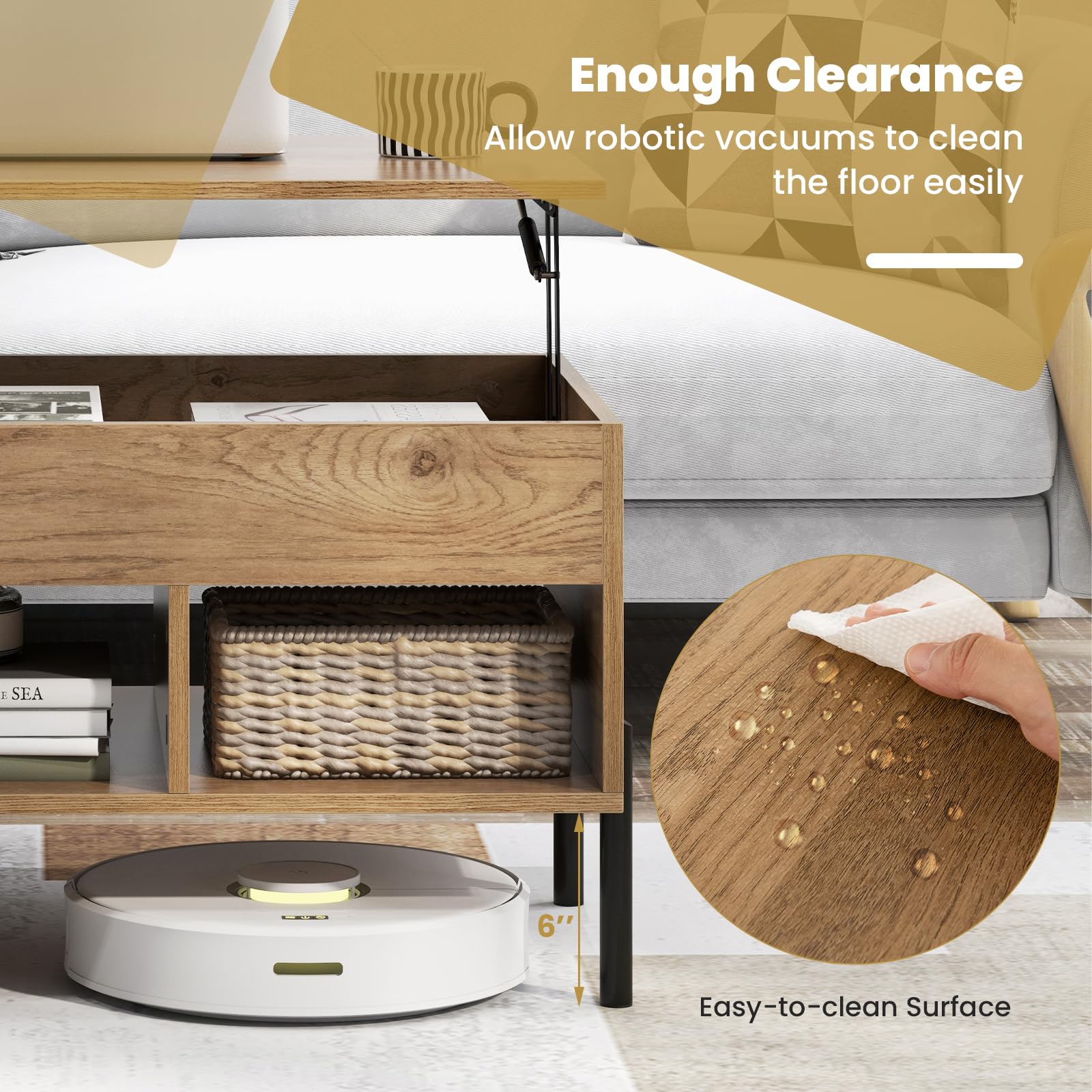 Tangkula Lift Top Coffee Table with Metal Legs - Multifunctional Wooden Dining & Working Table with Hidden Compartment & 3 Open Cubbies for Living Room, Office, Reception Area (Natural Finish) - Perfect for Entertaining, Remote Work, and Stylish Home Decor