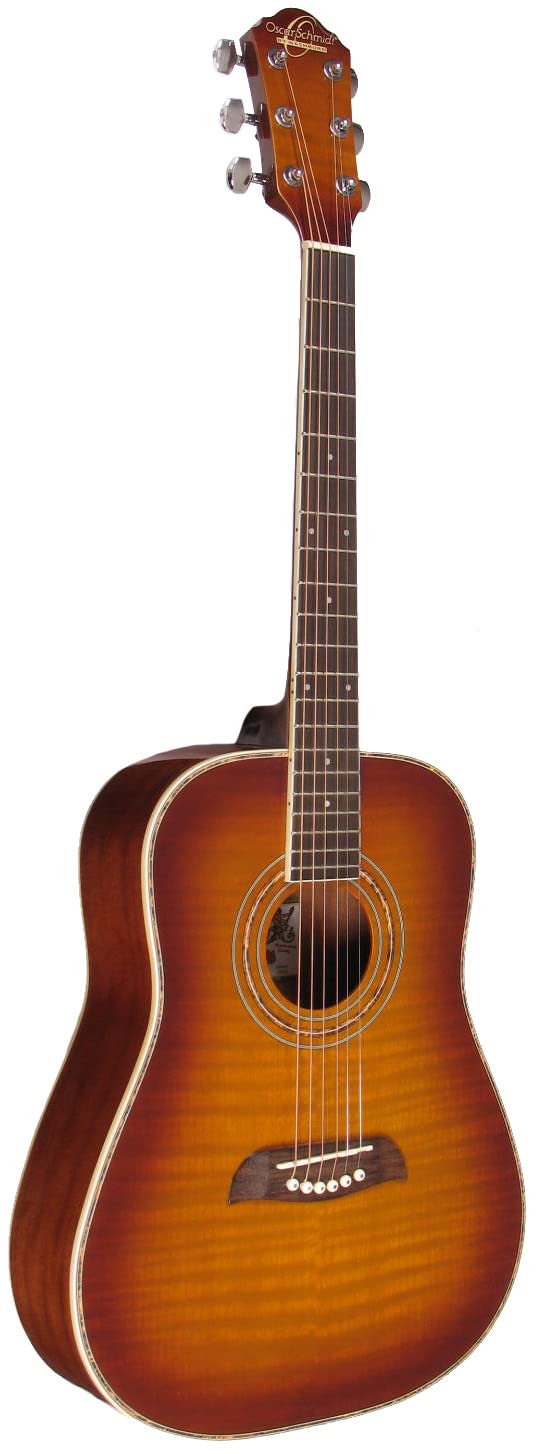 Oscar Schmidt OG1FYS-A-U 3/4 Size Dreadnought Acoustic Guitar - Flame Yellow Sunburst High Gloss Finish | Perfect for Beginners, Travel & Small Spaces