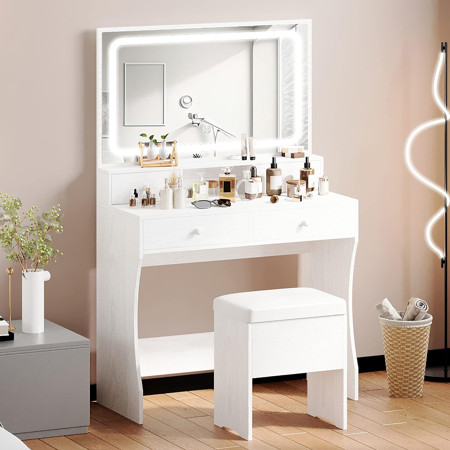IRONCK White Vanity Desk with LED Lighted Mirror & Power Outlet - Makeup Dressing Table with 4 Drawers & Storage Bench - Perfect for Bedroom, Home Decor & Beauty Routine
