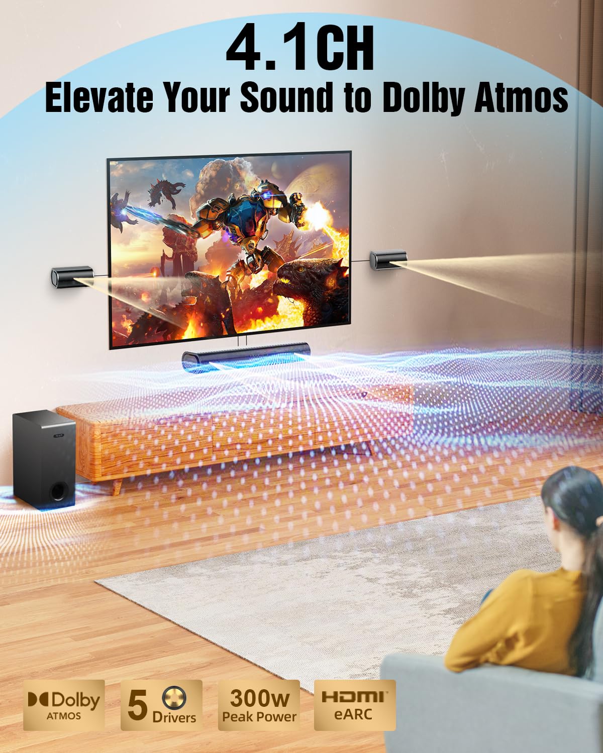 Hiwill 4.1ch Dolby Atmos Sound Bar with Wireless Subwoofer - 300W Powerful Surround Sound System for Smart TV, 2 Front Speakers, Adjustable Bass - Perfect for Home Theater, Gaming & Movie Nights
