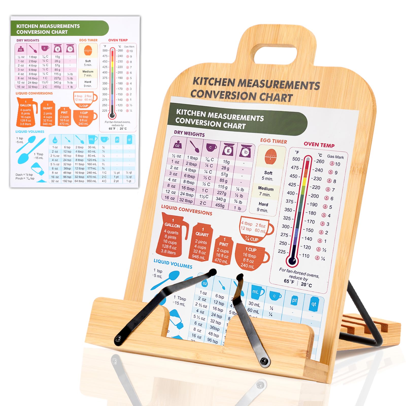 Bamboo Cookbook Stand with Kitchen Conversion Chart - Recipe Holder for Kitchen Counter, Cookbook & iPad Stand - Includes Bonus Conversion Sheet - Perfect for Baking, Cooking & Meal Prep