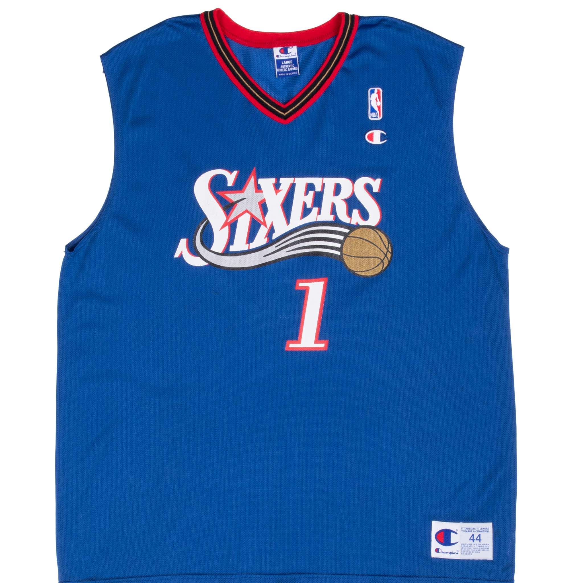 Vintage Champion NBA Philadelphia 76ers #1 Allen Iverson Jersey - Authentic 1990s Basketball Jersey Size Large for Men - Perfect for Game Day, Collecting, and Retro Sports Fashion