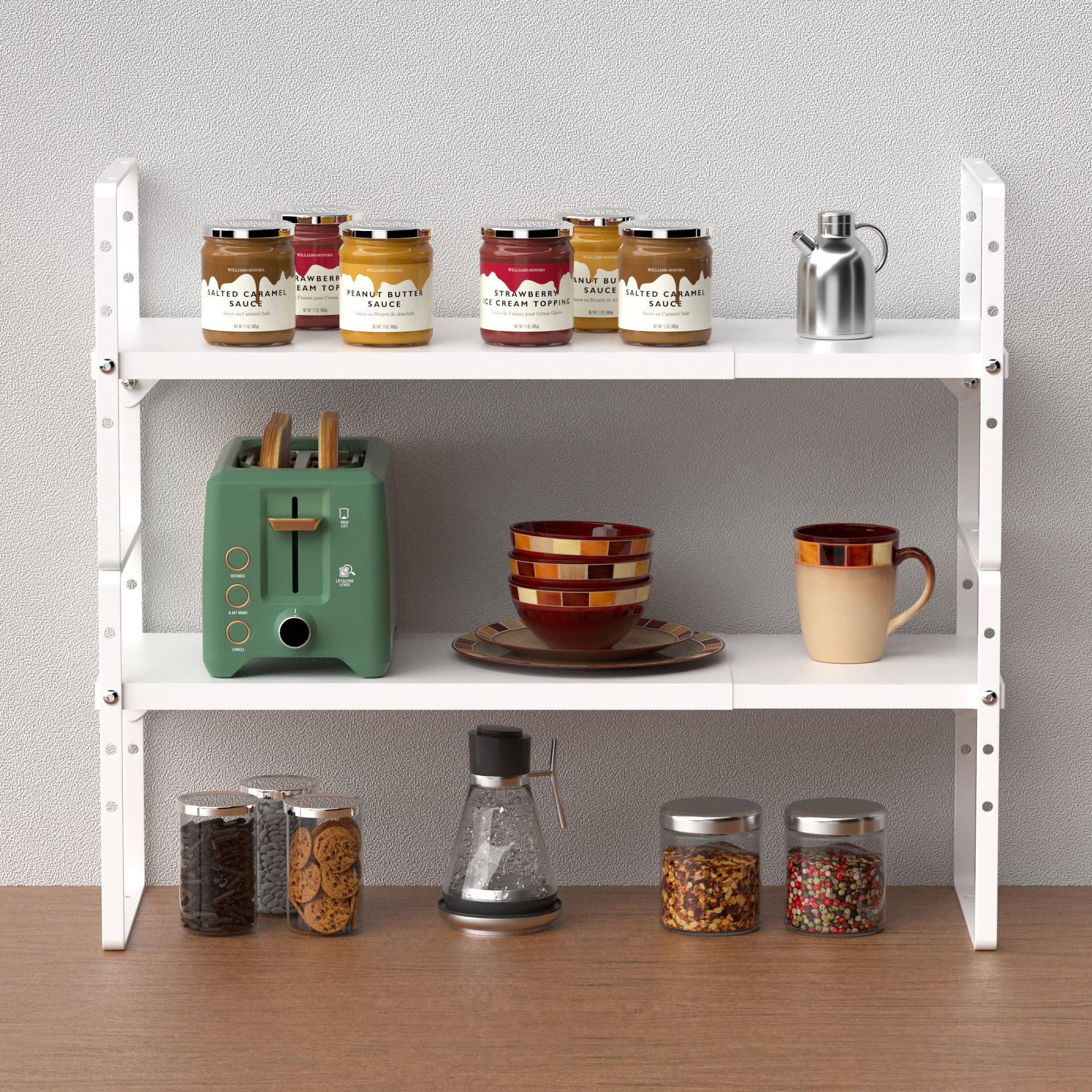 Slideep Stackable Cabinet Shelf Organizers - Expandable Countertop Storage Shelves for Kitchen, Pantry, Bathroom & Office - 2 Pack White Metal Plate Spice Rack & Cupboard Stand - Perfect for Organizing Spices, Cosmetics, Books & Small Items