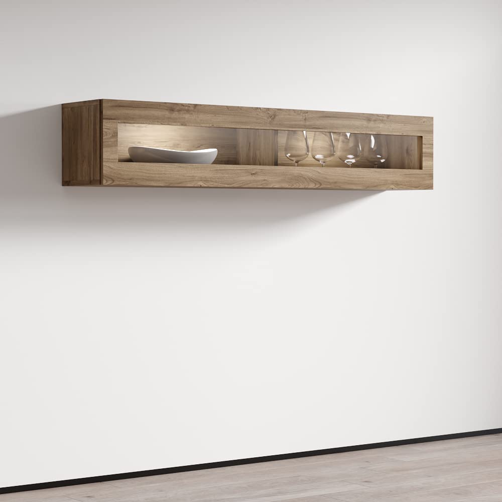 Modern Floating Media Cabinet with LED Lights - Durable Wooden Wall-Mounted Storage Unit - High Gloss Finish Oak TV Stand for Living Room & Bedroom - Perfect for Organizing Electronics & Home Decor