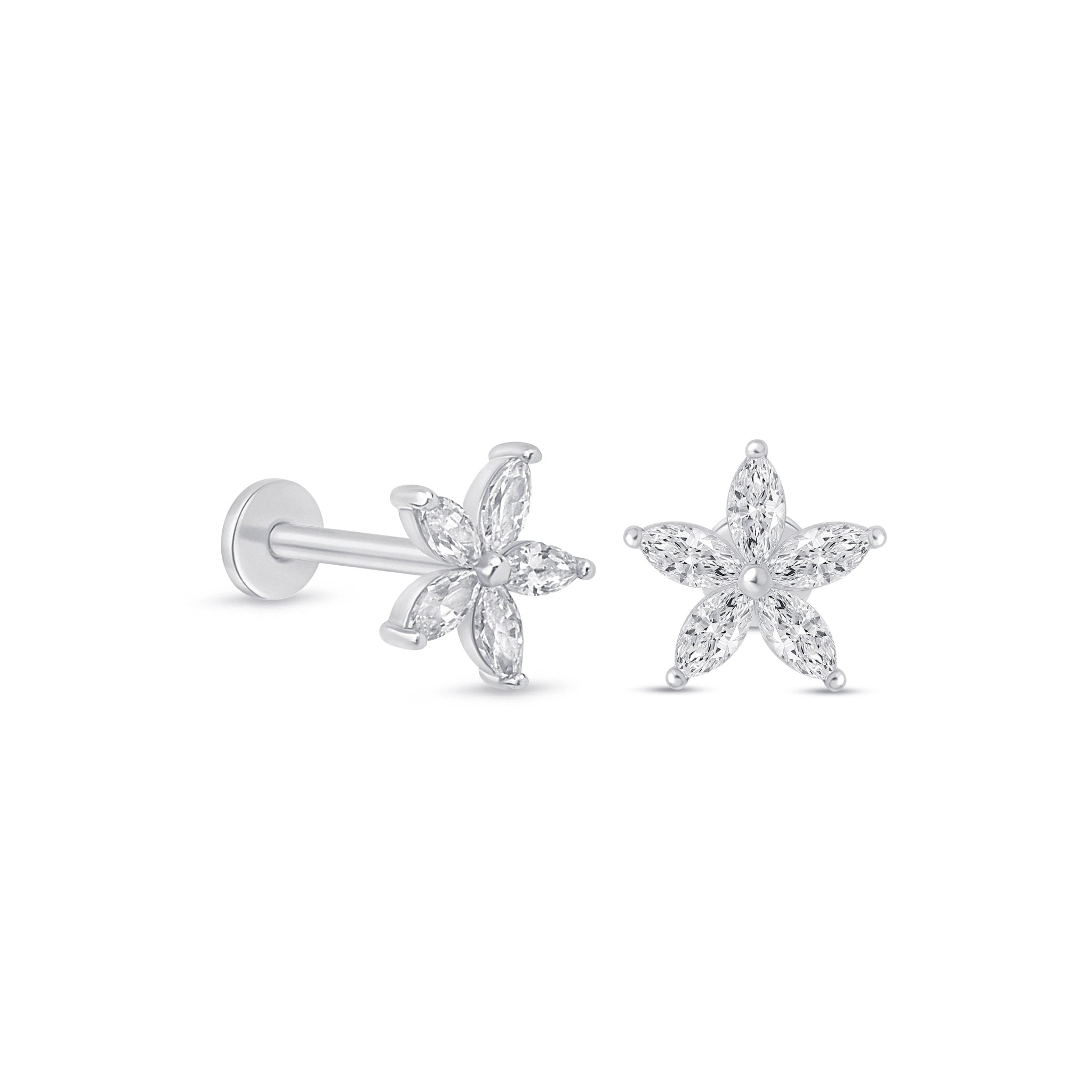 14k White Gold Marquise Flower Flat Back Earrings for Women - Elegant Dainty Studs for Daily Wear, Parties & Special Occasions