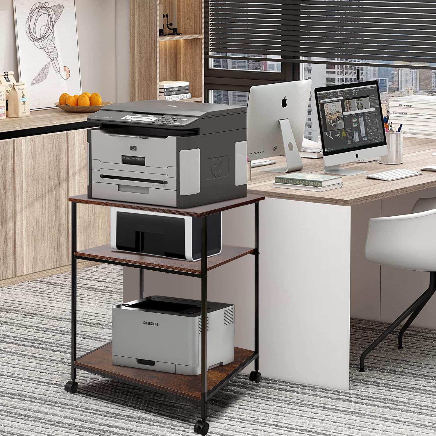 EMERIT 3-Tier Heavy Duty Printer Stand Cart with Adjustable Shelves & Lockable Wheels - 23.6x18.9x31.5 Inches for Laser/Inkjet/All-in-One Printers, Scanners, Fax Machines & Office Supplies - Perfect for Home Office, Small Business & Industrial Workspaces