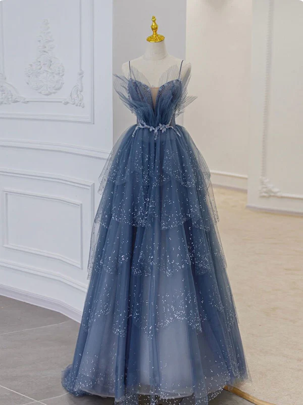 Elegant Blue Tulle Sequin Beaded Long Prom Dress for Sweet 16 Birthday Party | Formal Ball Gown J4363 | Perfect for Quinceañera, Homecoming, and Evening Galas