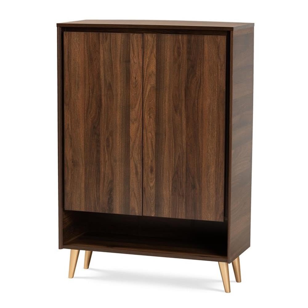 BOWERY HILL Mid-Century Modern 2-Door Shoe Storage Cabinet - Solid Wood Entryway Organizer with Adjustable Shelves, Brown - Perfect for Small Spaces, Hallways & Closet Organization