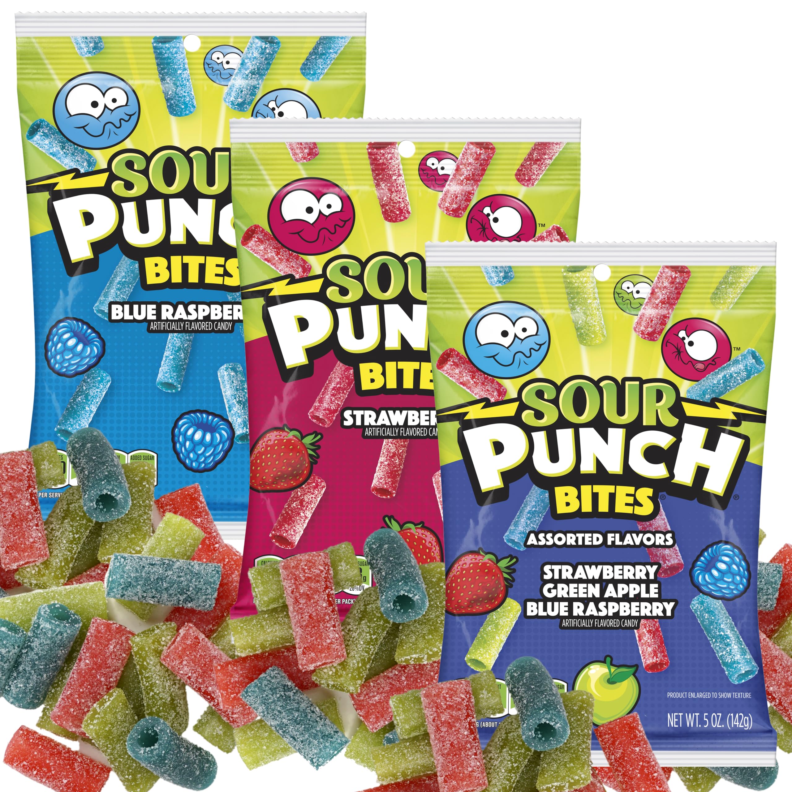 Sour Punch Bites Candy - 5oz Bags (Pack of 3) | Strawberry, Blue Raspberry & Mixed Flavors | Sweet & Tangy Sour Candy Snacks | Perfect for Parties, Movie Nights & Office Treats - The Hampton Popcorn & Candy Company