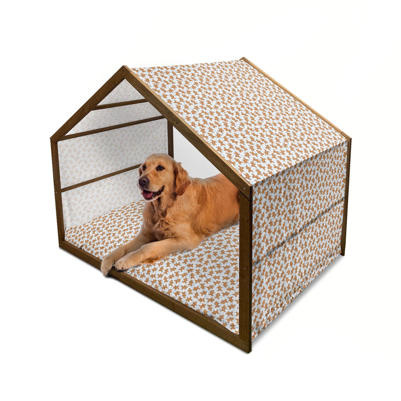 Ambesonne Gingerbread Man Wooden Dog House - Traditional Christmas Cookie Pattern Tile, Indoor & Outdoor Portable Pet Kennel with Pillow & Cover, 2X-Large Size in Pale Caramel & Pale Blue - Perfect for Holiday Decor & Cozy Pet Shelter