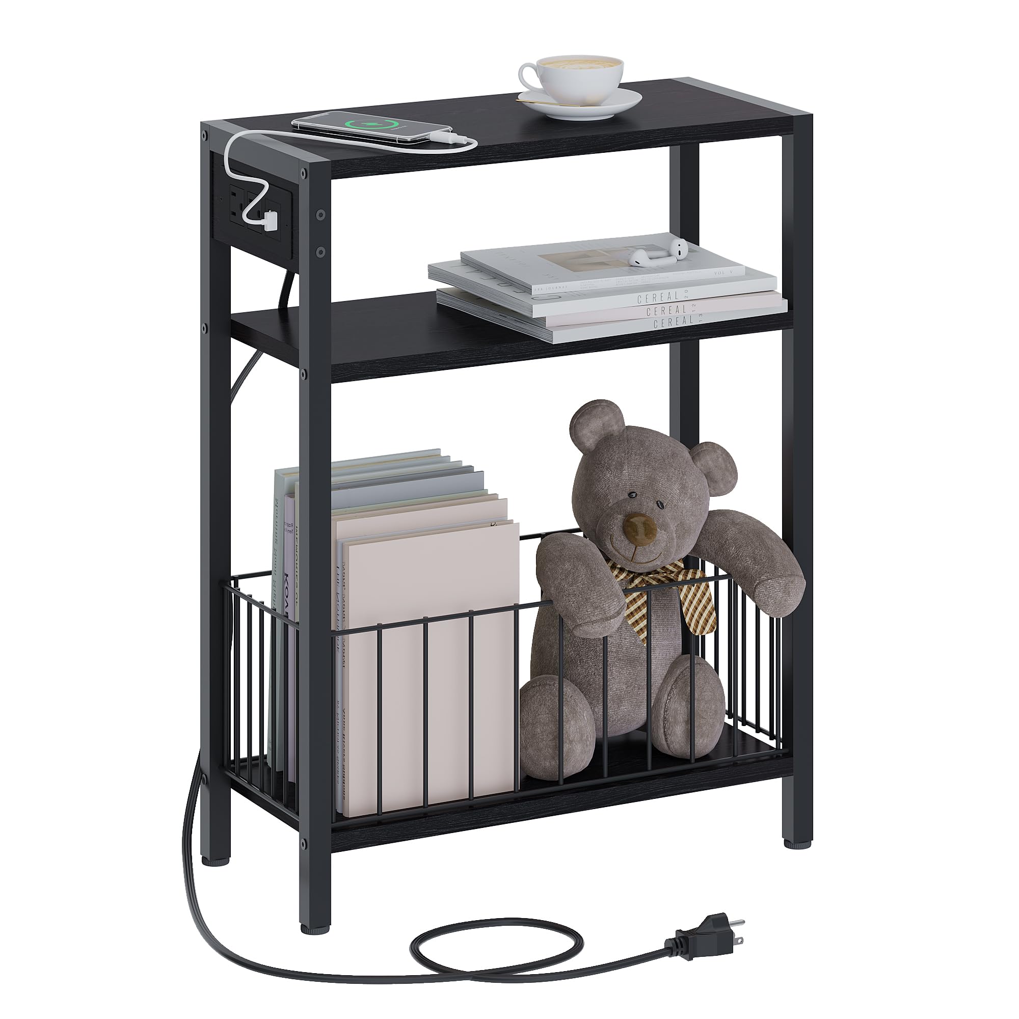Slim Narrow Side Table with USB Charging Station - 3-Tier Small End Table with Storage Basket for Bedroom, Living Room - Space-Saving Nightstand for Apartments, Dorms - Black (Perfect for Tight Spaces, Charging Devices & Organizing Essentials)
