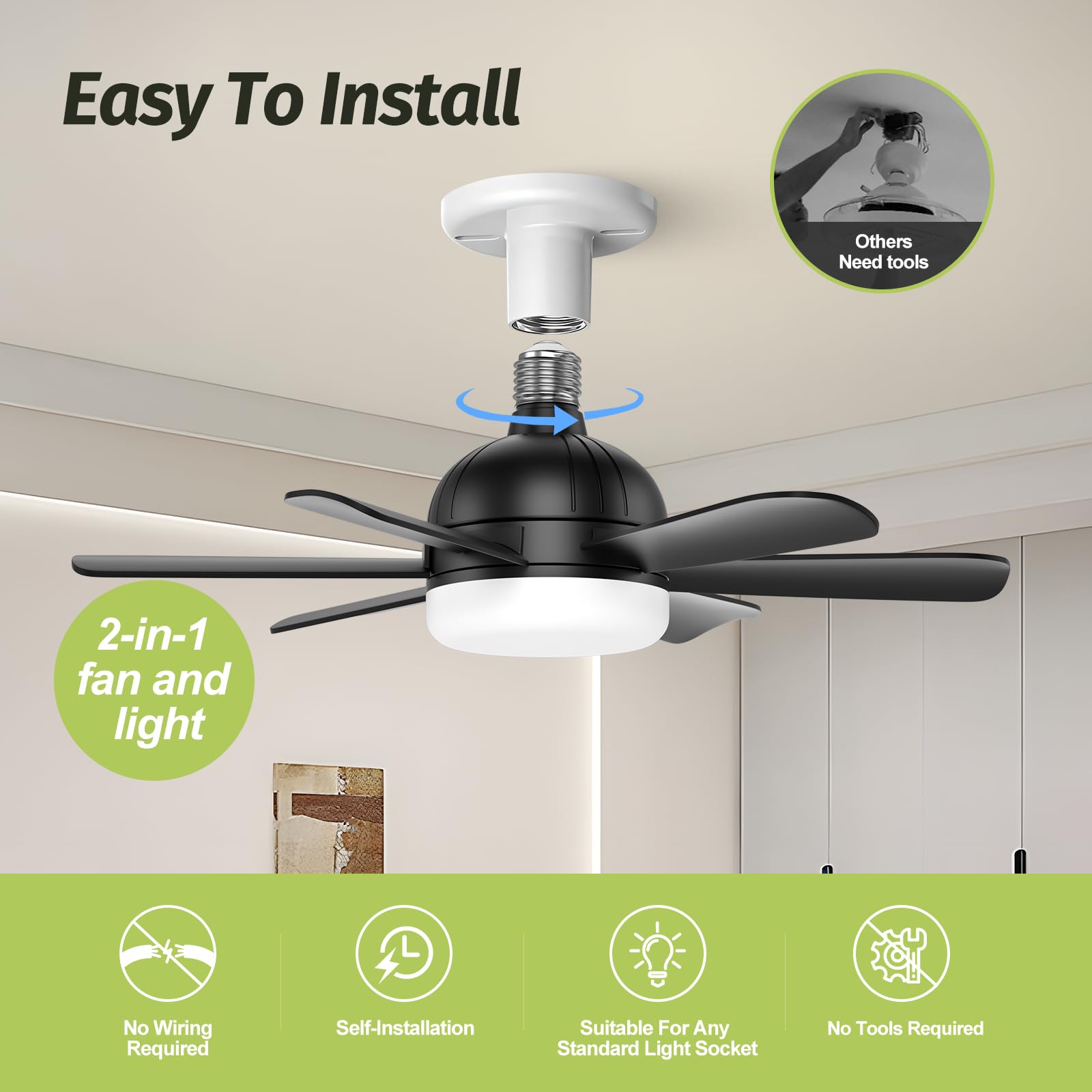 ALUOCIY 18 Inch Modern Black Ceiling Fan with Light Kit - Remote Control, 6 Blades, 3 Color Temperatures (3000K-6500K), E26/E27 Base LED Bulb Included - Perfect for Bedroom, Living Room, Kitchen, Closet, Garage & Indoor Spaces