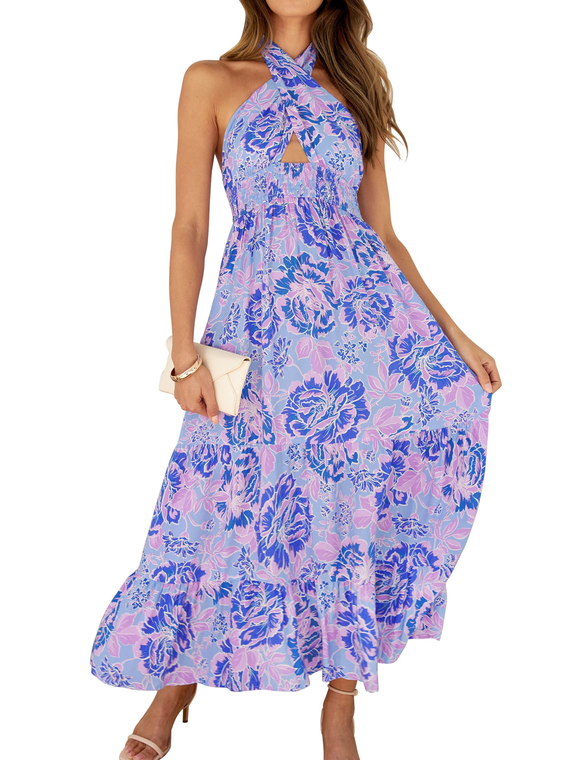 ZESICA Women's 2025 Summer Plaid Halter Neck Sleeveless Backless Maxi Dress - Beach Wedding, Vacation, Party, Date Night Outfit