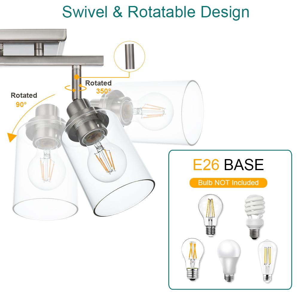 6-Light Brushed Nickel Track Lighting Fixture with Clear Glass Shade - Modern Semi-Flush Ceiling Spot Light for Bathroom Vanity, Mirror Cabinets, Kitchen & Living Room - Perfect for Ambient and Task Lighting in Home & Office Spaces