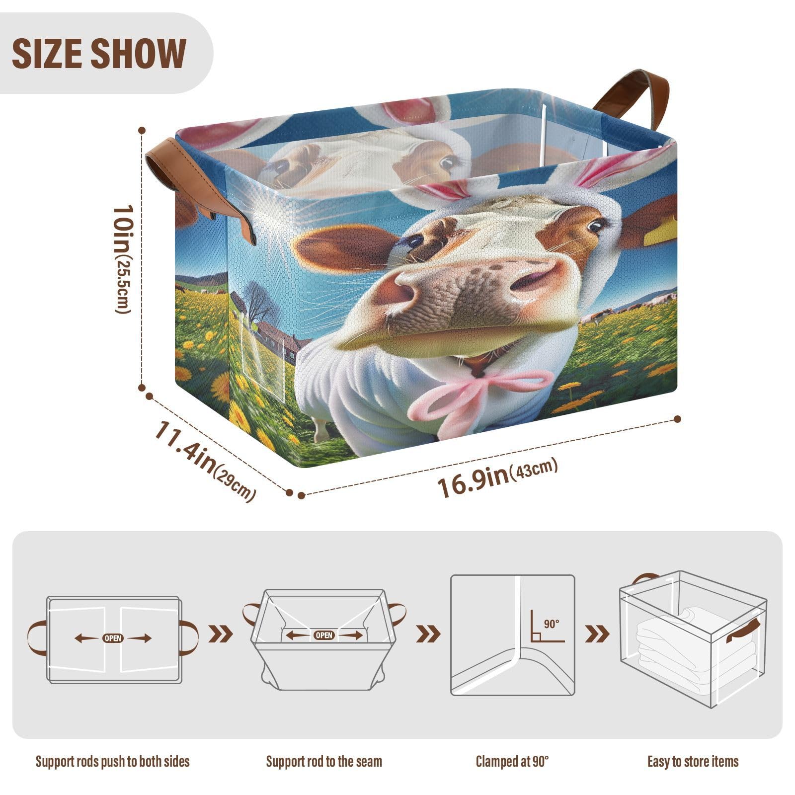 Funny Easter Cow Under Bed Storage Bins - Foldable Collapsible Storage Basket with Handles & Metal Frame - Closet Cabinet Organizer (2-Pack) - Perfect for Seasonal Decor, Kids Room Organization & Holiday Storage