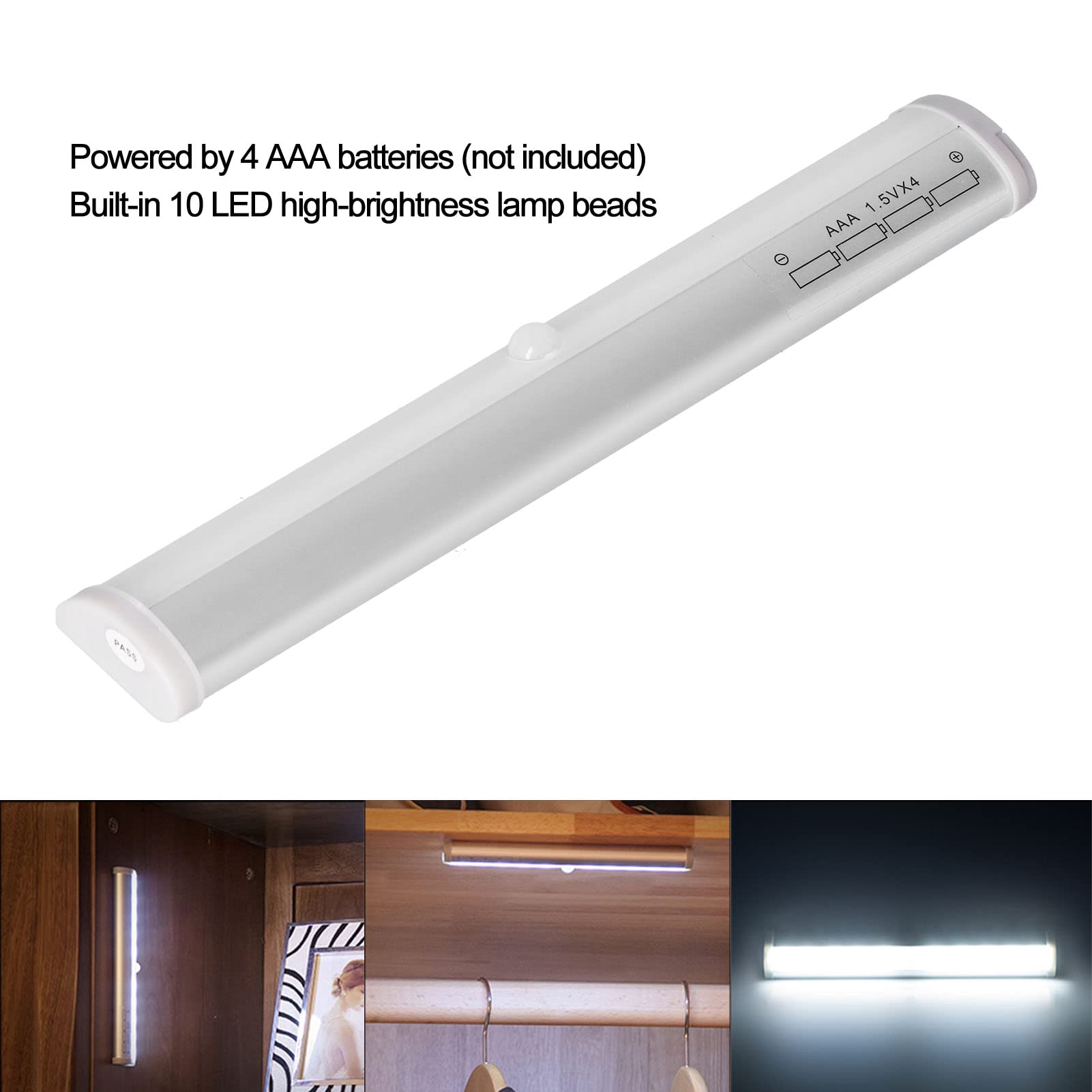 FTVOGUE 10LED Under Cabinet Lights with Motion Sensor - Battery Powered Closet Lighting for Kitchen, Wardrobe, Cupboard (White Light) - Perfect for Nighttime Safety & Convenient Storage Access