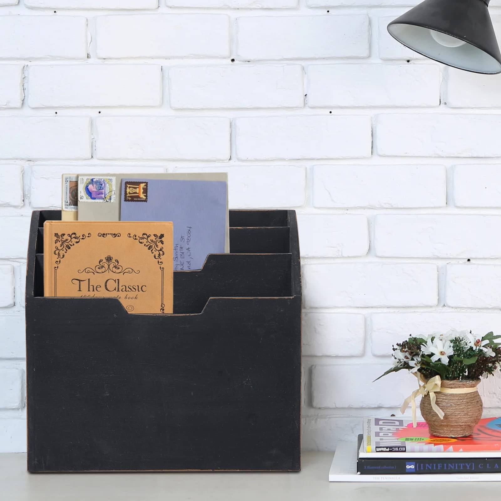 Rustic Black Distressed Wooden Desk Organizer - Mail Sorter, Paper File Holder, Magazine & Bill Organizer for Home Office, Bedside Table, and Countertop Use