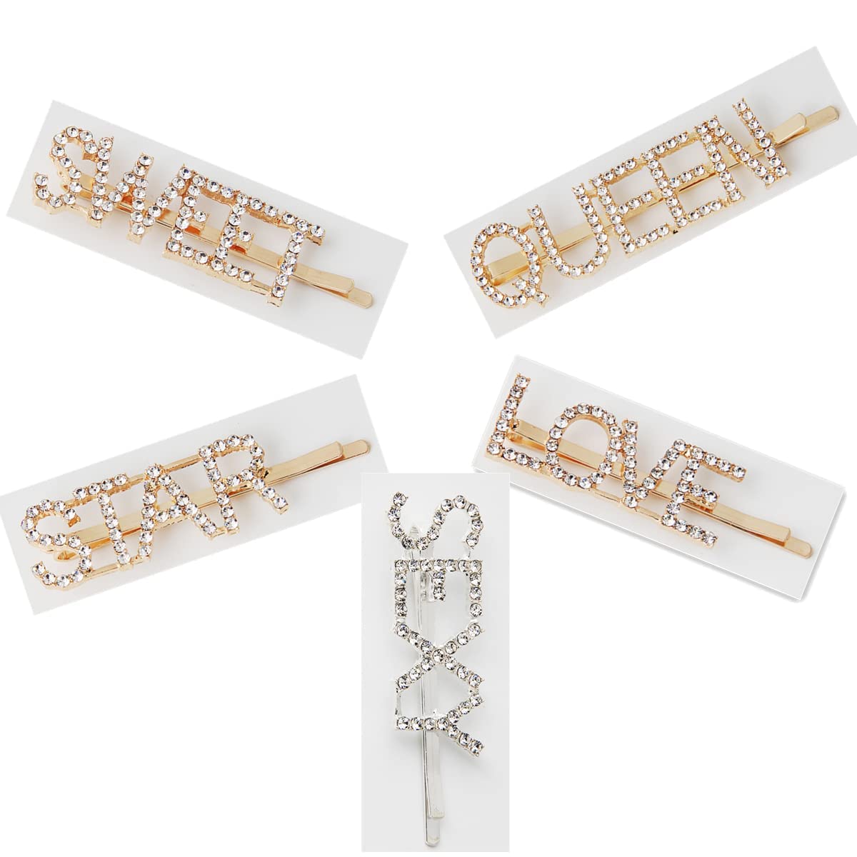 Shidara Rhinestone Letter Hair Clips - Shiny Gold & Silver Crystal Hairpins for Women & Girls (5-Piece Set) | Elegant Hair Accessories for Parties, Weddings & Everyday Style