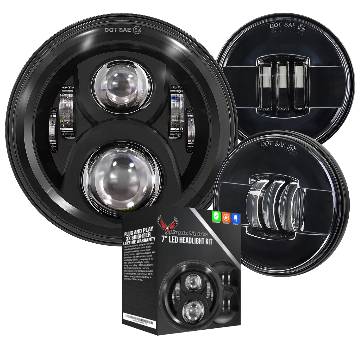 7 LED Headlight & 4.5 LED Passing Light Kit for Harley & Indian Motorcycles - Generation II Black | High Visibility Night Riding & Off-Road Adventure Lighting