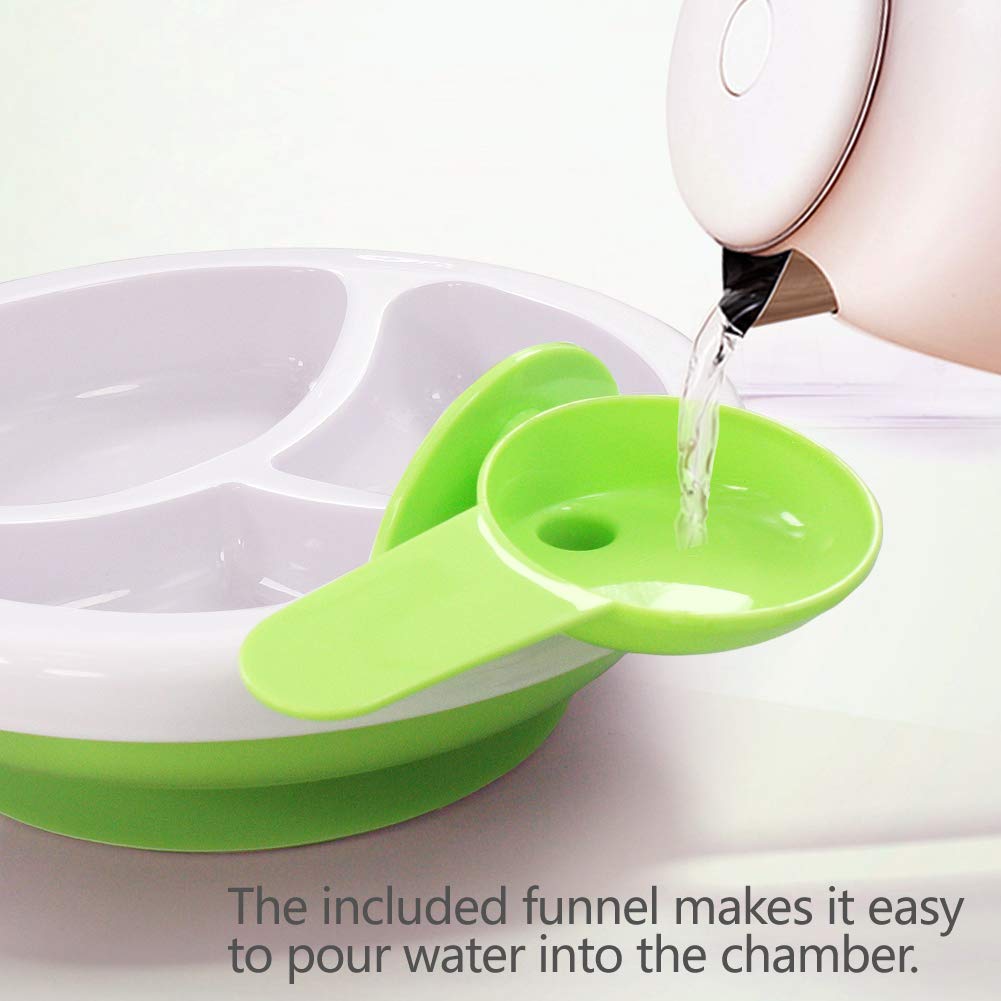 Matyz 2-Pack Baby Feeding Suction Warm Plate with Divided Sections - Non-Slip Toddler Dish with Drain & Dry Design - Includes 2 Plates & 4 Spoons - Microwave & Dishwasher Safe (Green) - Perfect for Home, Daycare & Travel Meals