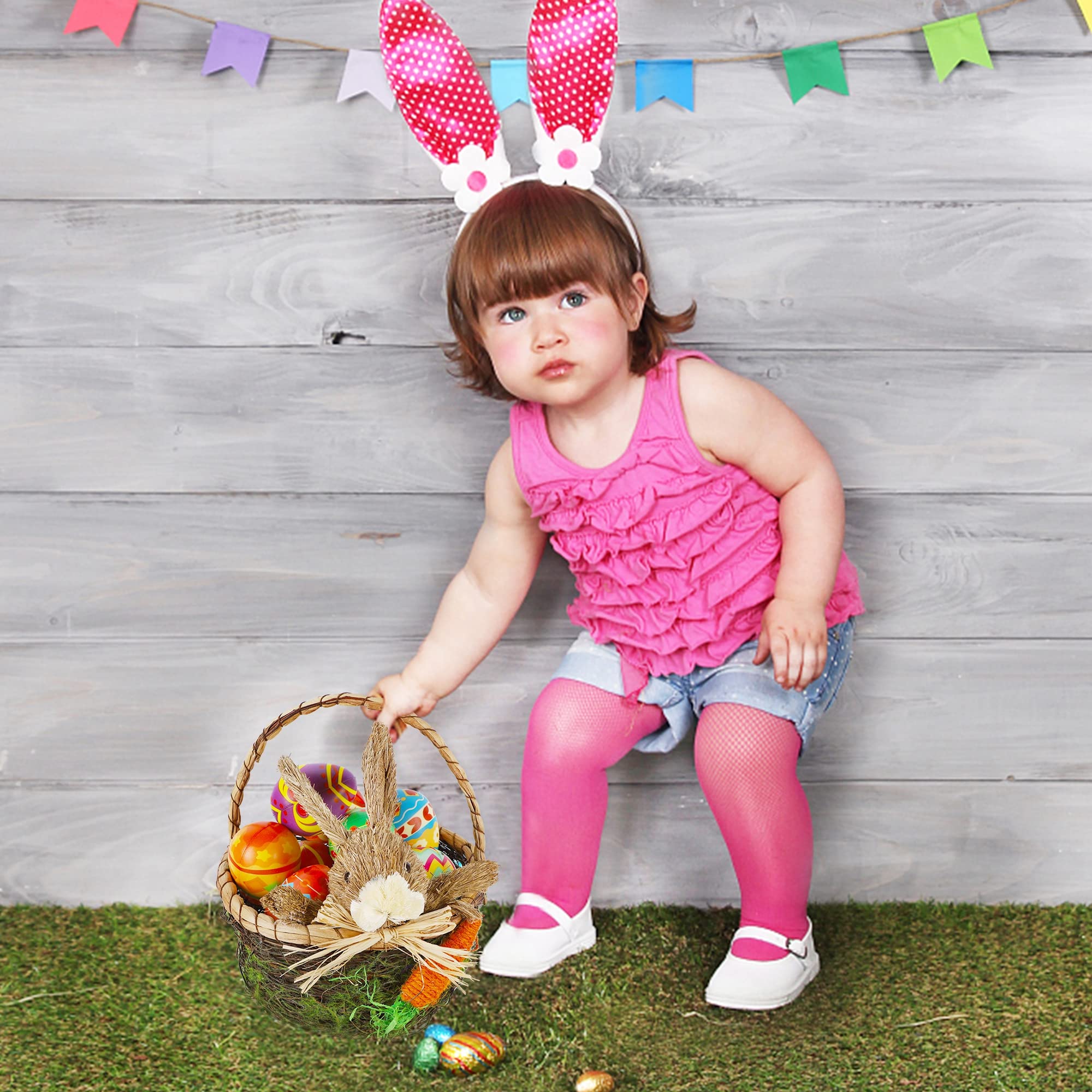 Juegoal Handmade Wicker Rattan Easter Basket - Bunny Themed Candy Eggs Holder for Kids, Party Favors & Easter Egg Hunt - Cute Rabbit Picnic Hamper for Toy Storage & Home Decor (Perfect for Easter Celebrations, Spring Parties & Gift Giving)