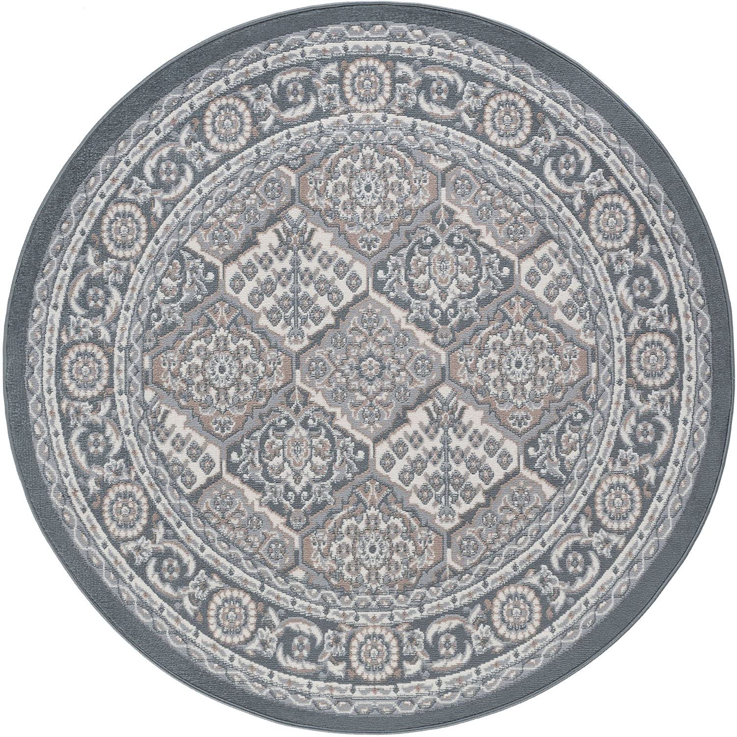 Oxnard Gray 8 Foot Round Area Rug - Traditional Oriental Design for Living Room, Bedroom & Dining Room | Soft Non-Slip Floor Mat for Home Decor & Family Gatherings