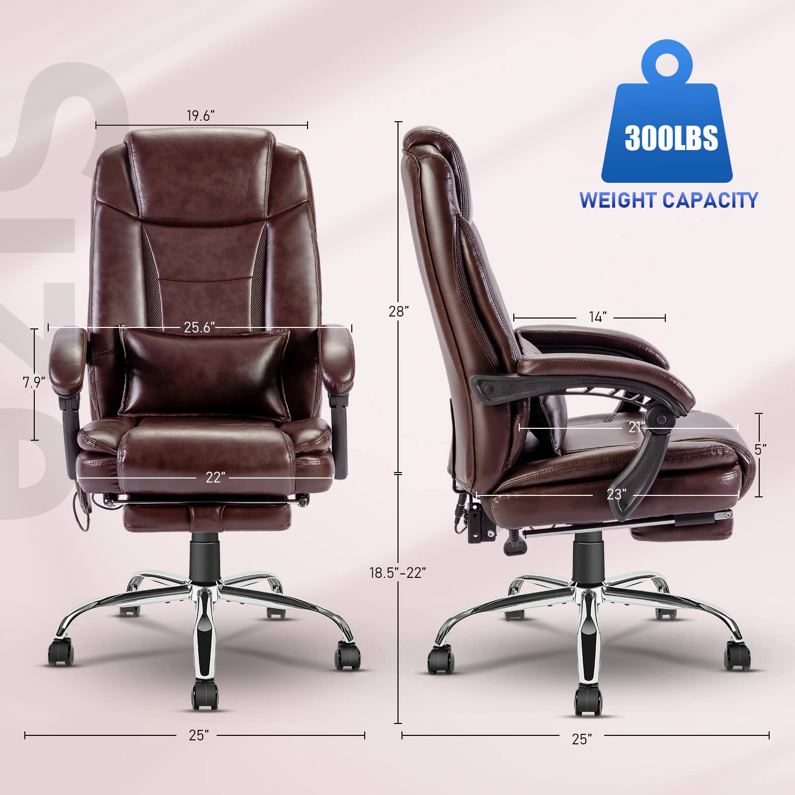NOBLEMOOD Executive Office Chair with 4-Point Massage & Heating - Ergonomic Big and Tall Mesh Chair with Lumbar Support, Footrest & Reclining Function (Brown) - Perfect for Home Office, Gaming & Workspaces