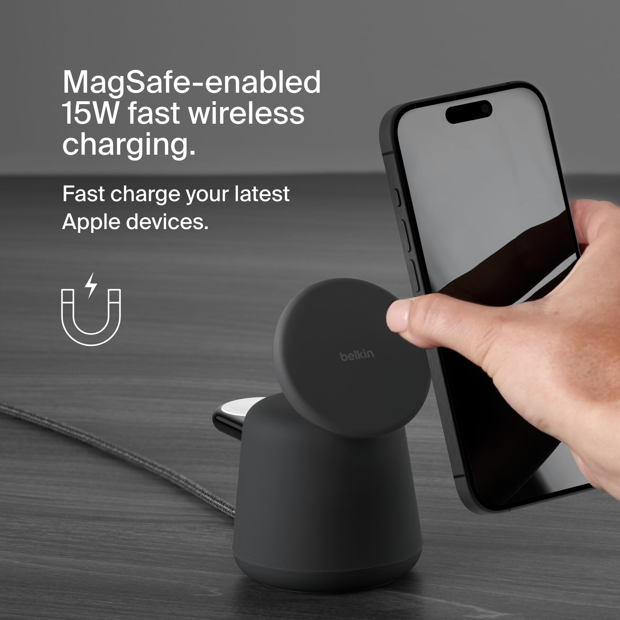 Belkin BoostCharge Pro 2-in-1 Wireless Charging Dock with MagSafe | 15W Fast Charger for iPhone 16/15/14/13/12 Series | Compatible with AirPods & MagSafe Devices | Perfect for Home, Office & Travel Charging