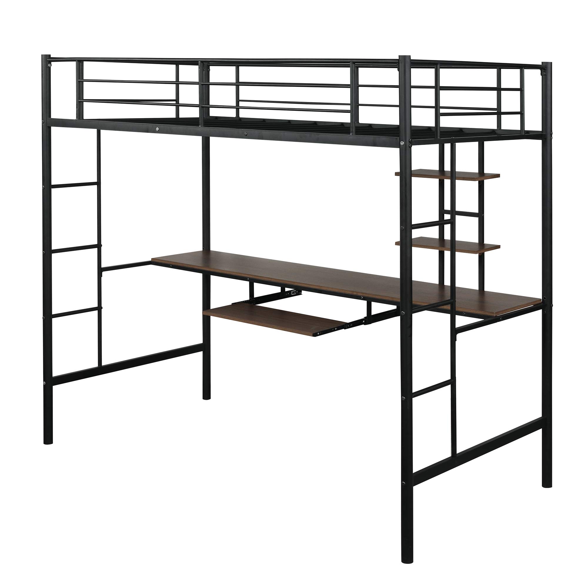 RUNNA Twin Loft Bed for Kids & Teens - Sturdy Metal Bunk Bed with Built-in Study Desk, Storage Shelves & Keyboard Tray - Space Saving Furniture for Small Rooms - Perfect for Dorm, Bedroom or Apartment