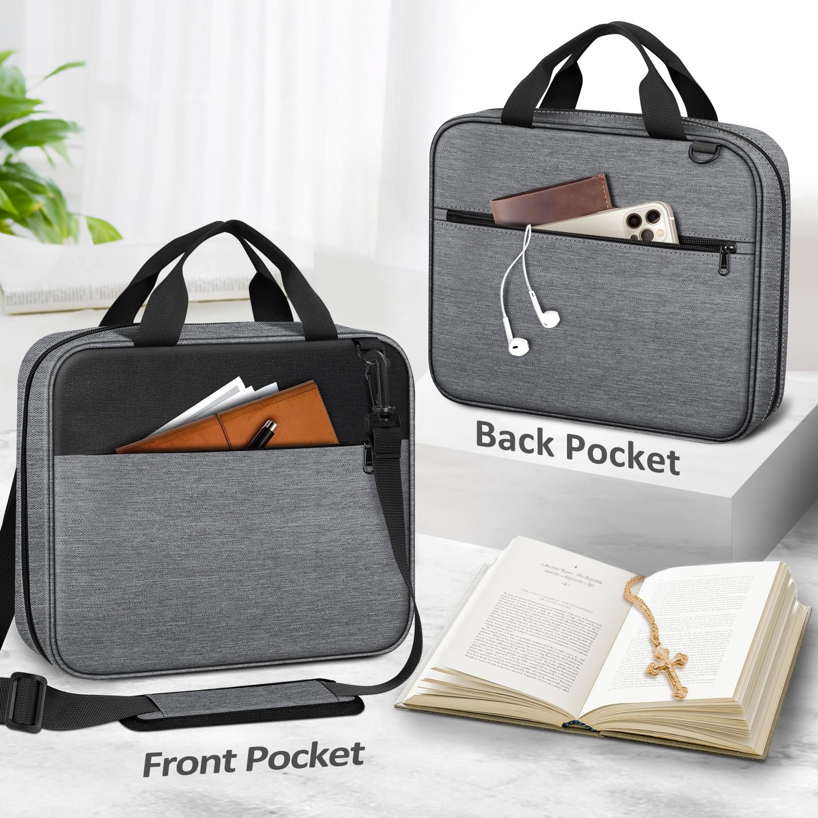 FINPAC Extra Large Bible Cover with Detachable Shoulder Strap & Zippered Pocket - Durable Church Book Bag for Bible Protection - Perfect Gift for Men & Women (Gray) - Ideal for Church, Travel & Daily Bible Study