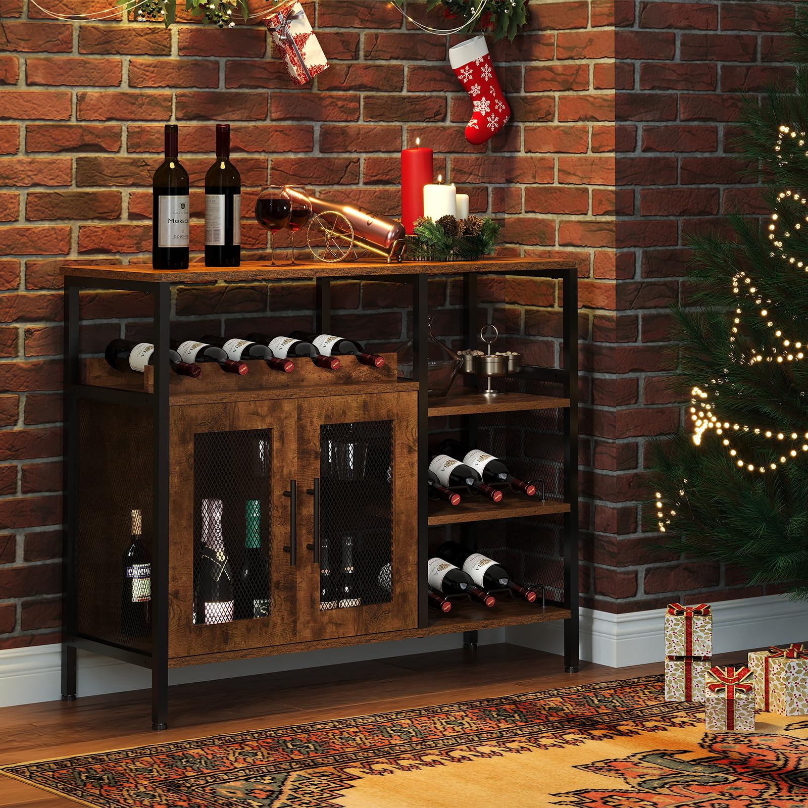 Rustic Brown X-cosrack Wine Bar Cabinet with Detachable Wine Rack & Glass Holder - Coffee Bar Sideboard with Mesh Door for Dining Room, Kitchen or Living Room Storage