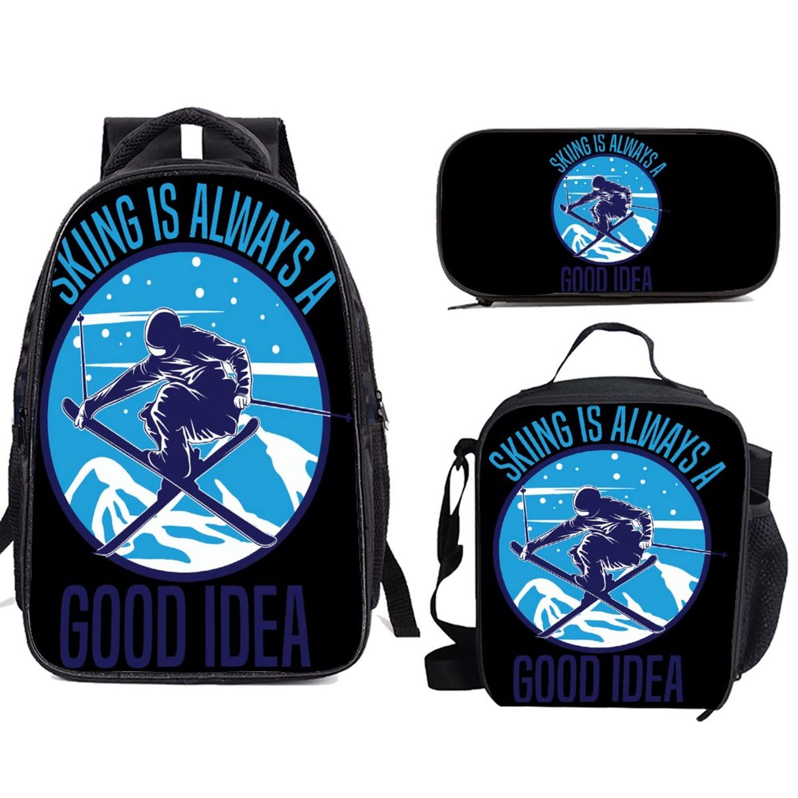 Funny Skier Skiing Backpack for Teens - 3-in-1 School Bag with Lunch Box & Pencil Case - Perfect for School, Ski Trips & Outdoor Adventures