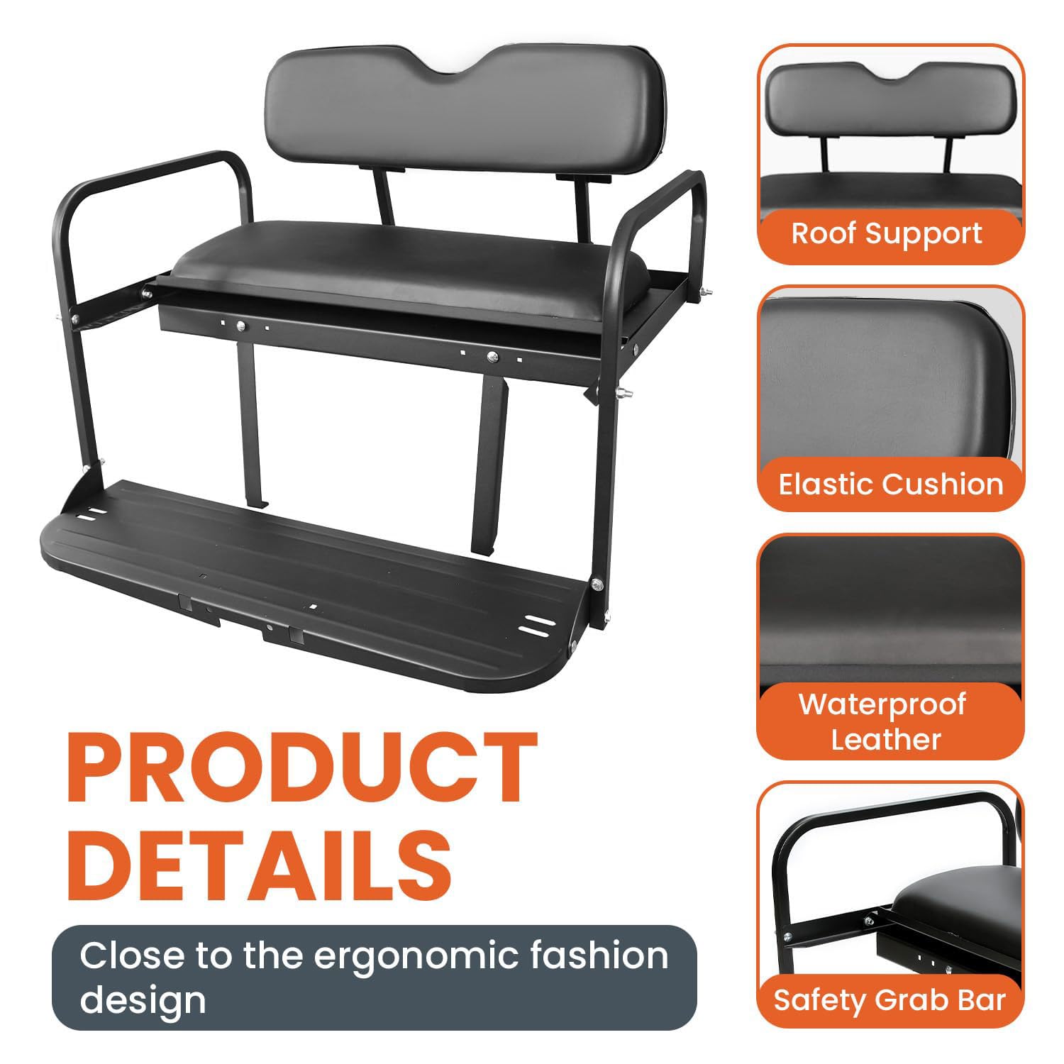 KUAFU Rear Back Seat Kit for EZGO Marathon Golf Cart - Black Leather Flip Folding Steel Frame Seat (Pre-1994 Models) - Perfect for Golf Course Rides, Camping & Outdoor Adventures