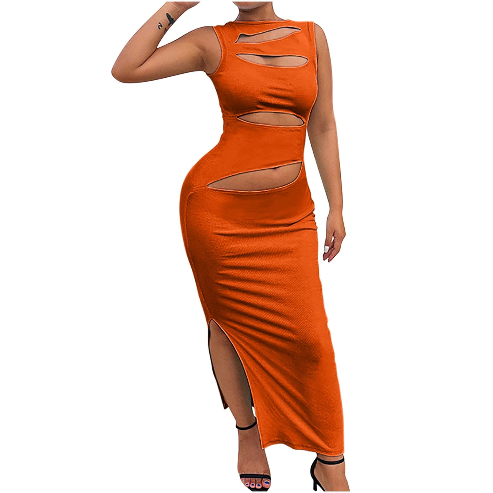 Sexy One Shoulder Ruched Bodycon Midi Dress for Women - Sleeveless Wrap Maxi Dress with Cut Out & High Slit, Perfect for Evening Parties, Date Nights & Club Wear