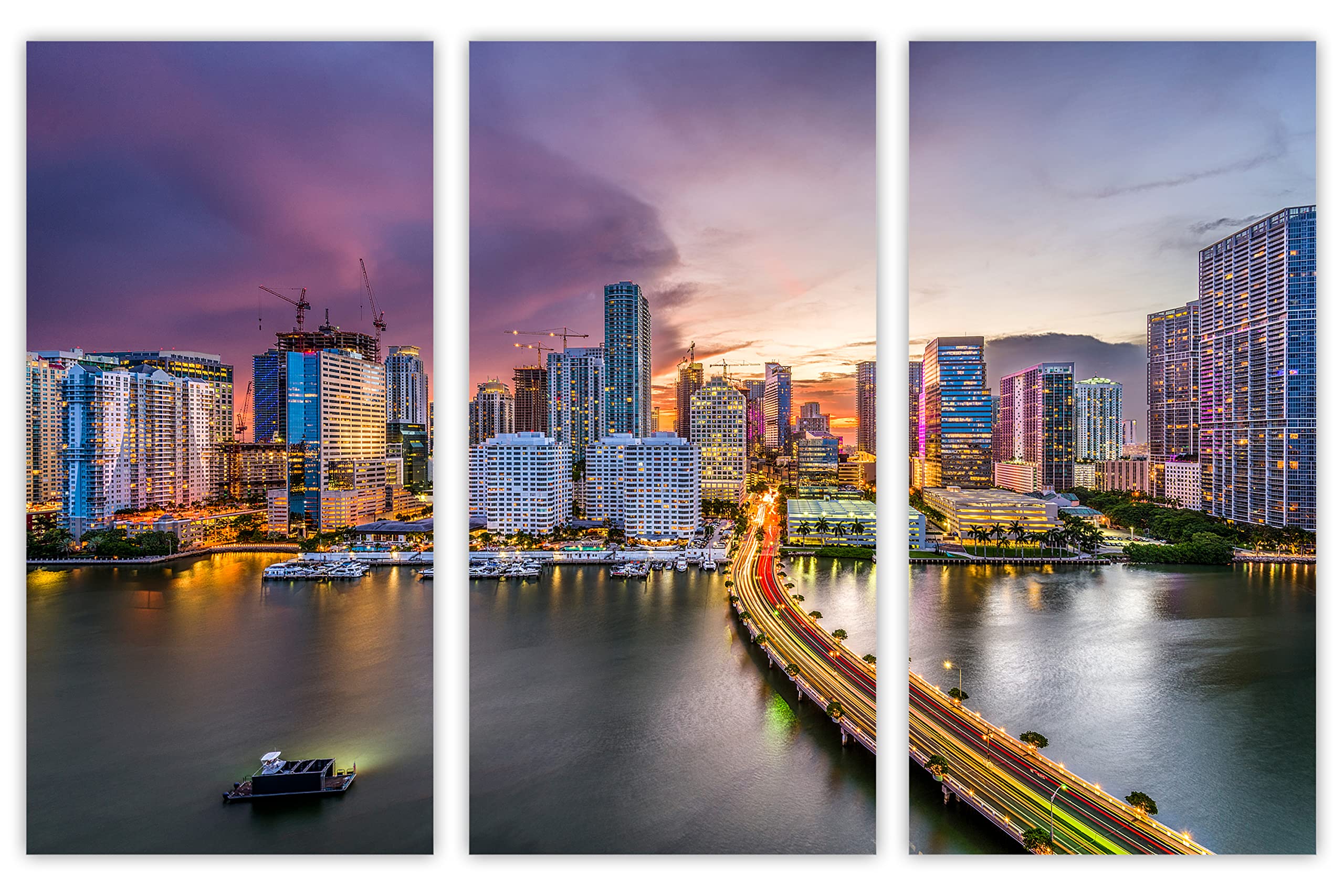 30x20 Miami Florida Skyline Wall Art Canvas Print - 3 Panel Split Triptych for Home Decor, Living Room & Office Wall Decor | Modern Cityscape Painting for House & Apartment