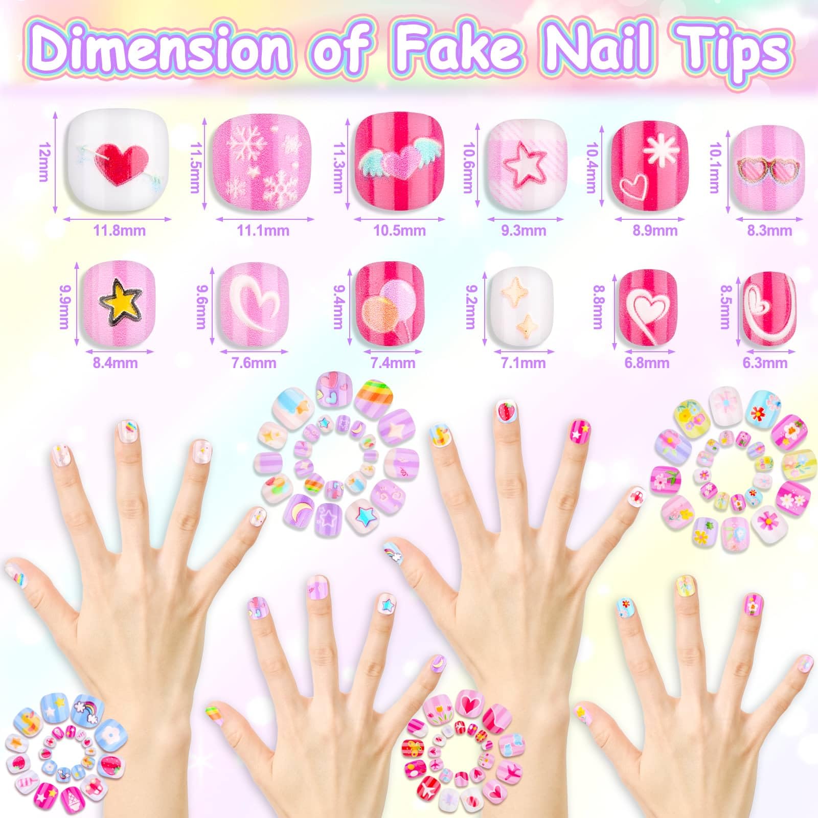 144-Piece Kids Press-On Nails Kit - Short Fake Nails for Girls, Full Cover Stick-On Nail Tips - Perfect for Sleepovers, Spa Parties, Valentine's Day Gifts & DIY Manicures at Home
