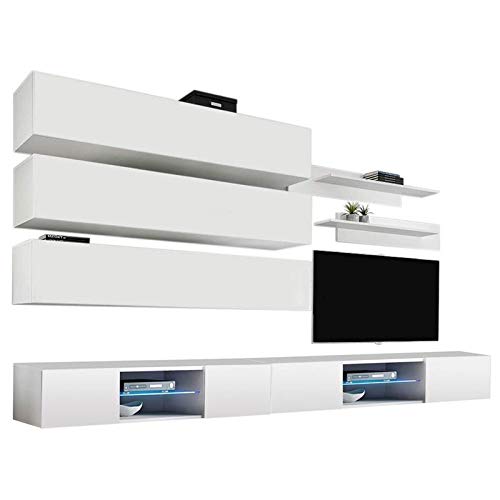 Modern White Wall-Mounted TV Stand with Storage Shelves & LED Lights - 33