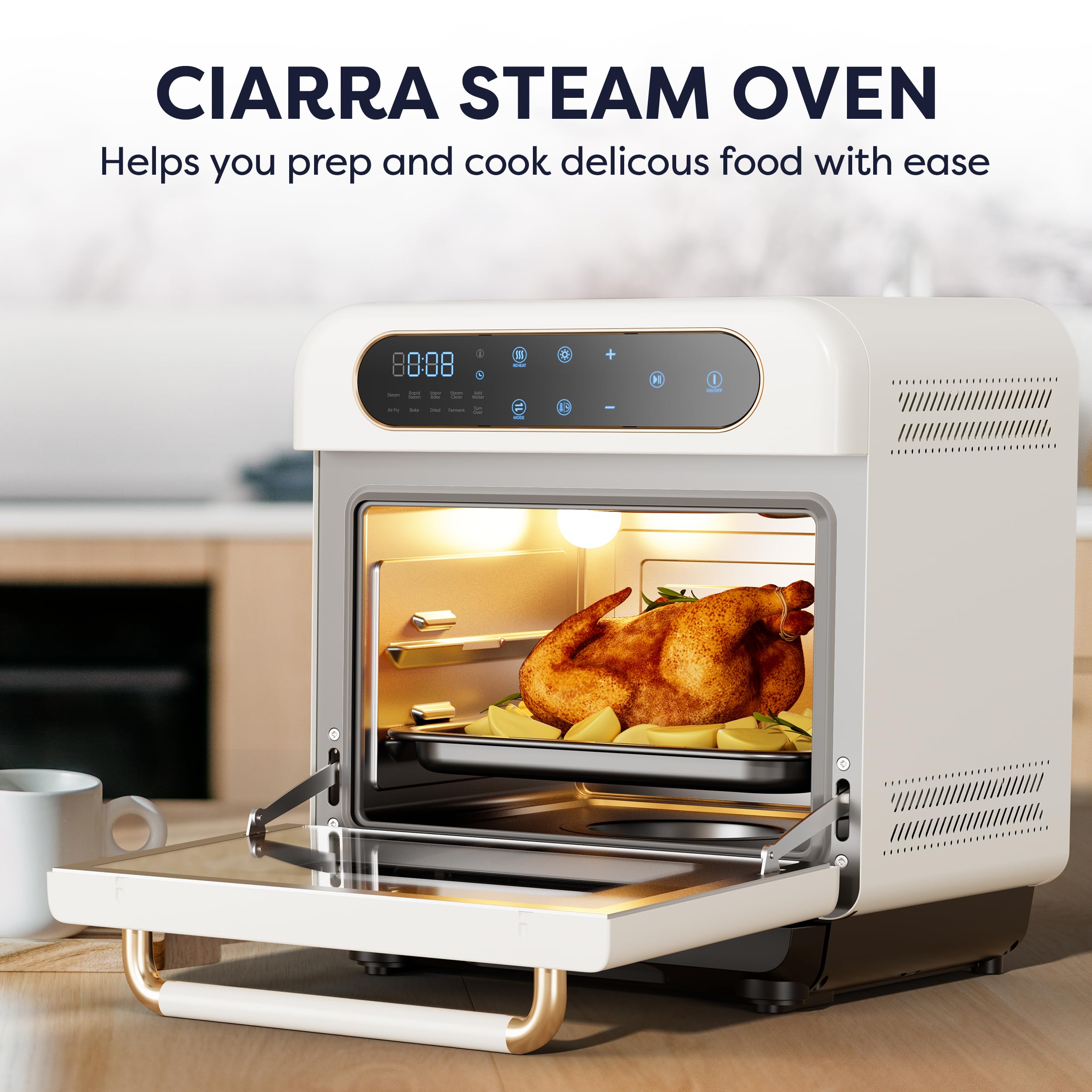 CIARRA 8-in-1 Air Fryer Steam Oven Countertop - 12L Mini Toaster Oven with Steam, Air Fry, Bake, Dehydrate & Ferment Functions | Perfect for Healthy Cooking, Meal Prep & Small Kitchens | White