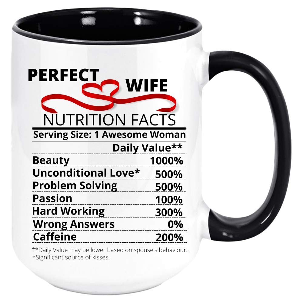 Funny Wife Coffee Mug - 11oz Black Ceramic Cup with Humorous Nutritional Facts - Perfect Gift for Spouse, Anniversary or Valentine's Day - Great for Home, Office or Romantic Breakfast in Bed