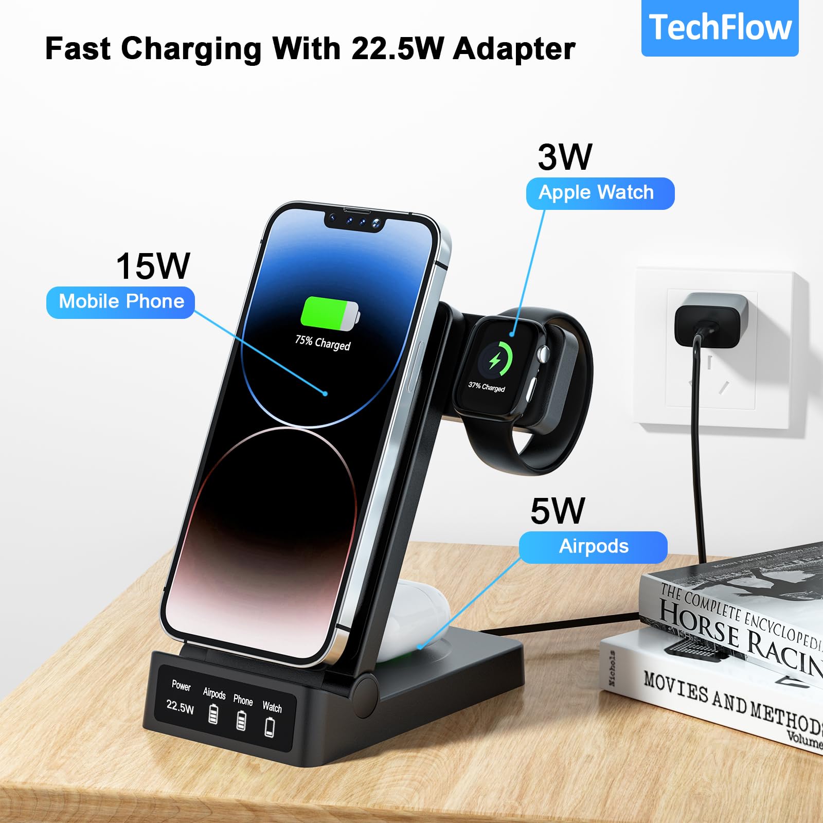 TechFlow 3-in-1 Foldable Fast Wireless Charger for iPhone 15/14/13/12/11/Pro Max/X/XS/XR/8 Plus, Apple Watch Series 9/8/7/SE/6/5/4, AirPods 3/Pro/2 - Black | Multi-Device Charging Station for Home, Office & Travel