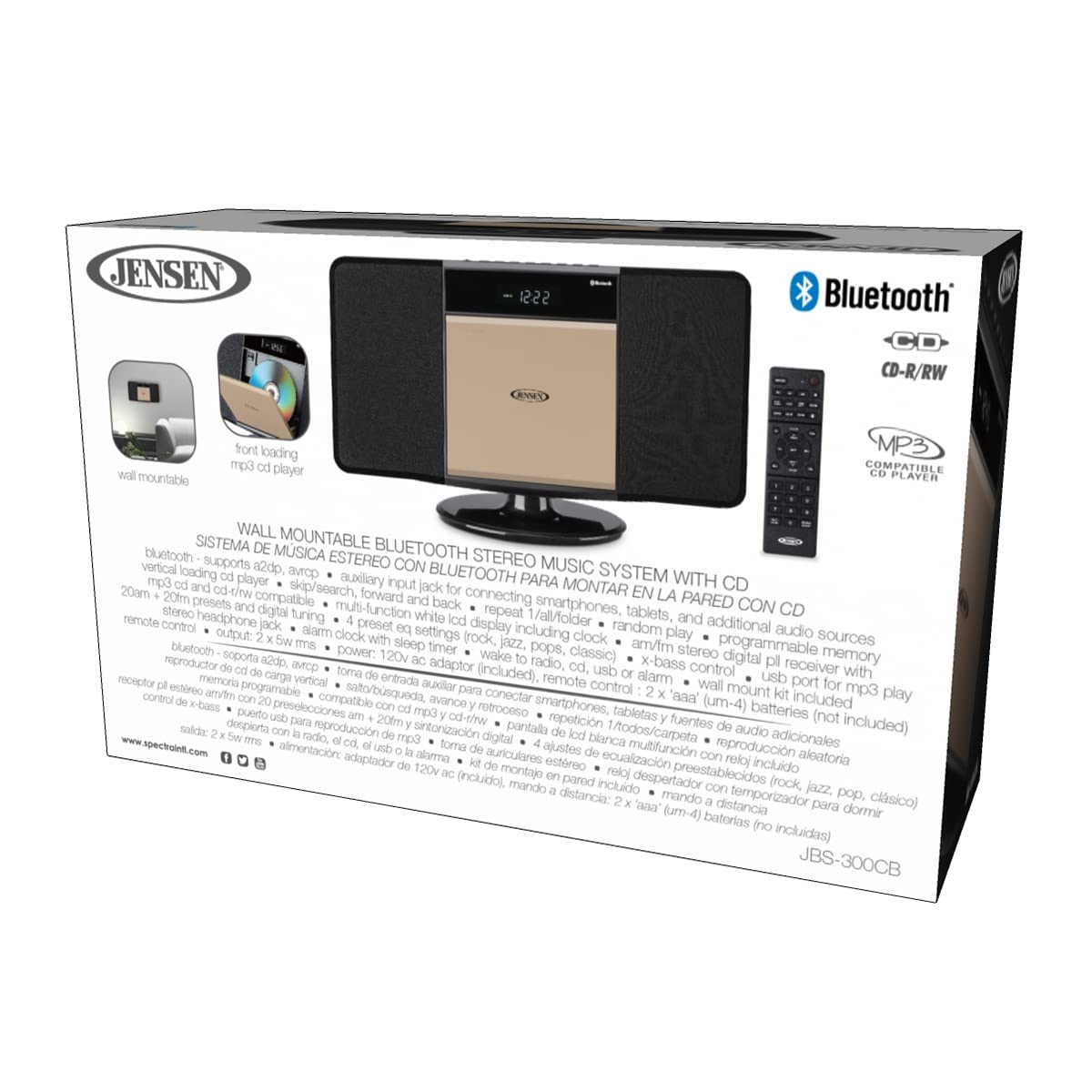 Jensen JBS-300 Champagne Gold Bluetooth Stereo System with CD/MP3/WMA Player, Wireless Streaming & USB Port | AM/FM Radio | Remote Included | Perfect for Living Room, Bedroom & Office Music Entertainment