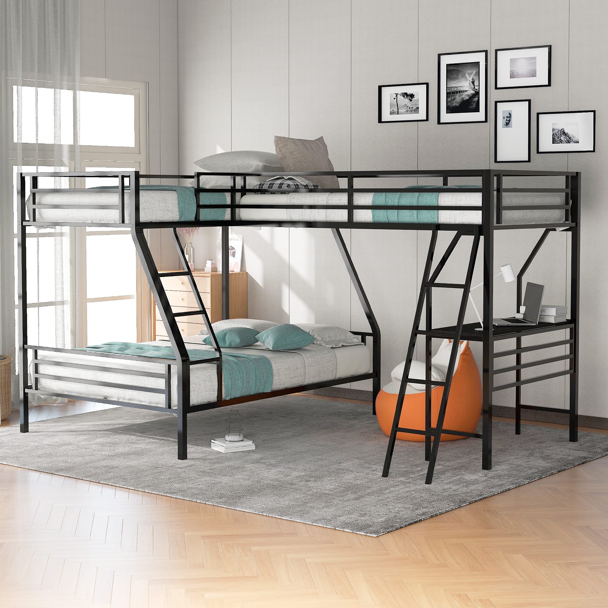 Triple Bunk Beds with Ladder - L-Shaped Twin Over Full Metal Bunk Bed Frame with Attached Loft Bed & Desk for Kids, Teens, Boys & Girls - Space-Saving Metallic Black Corner Bunk Bed for Small Rooms, Dorms & Shared Bedrooms