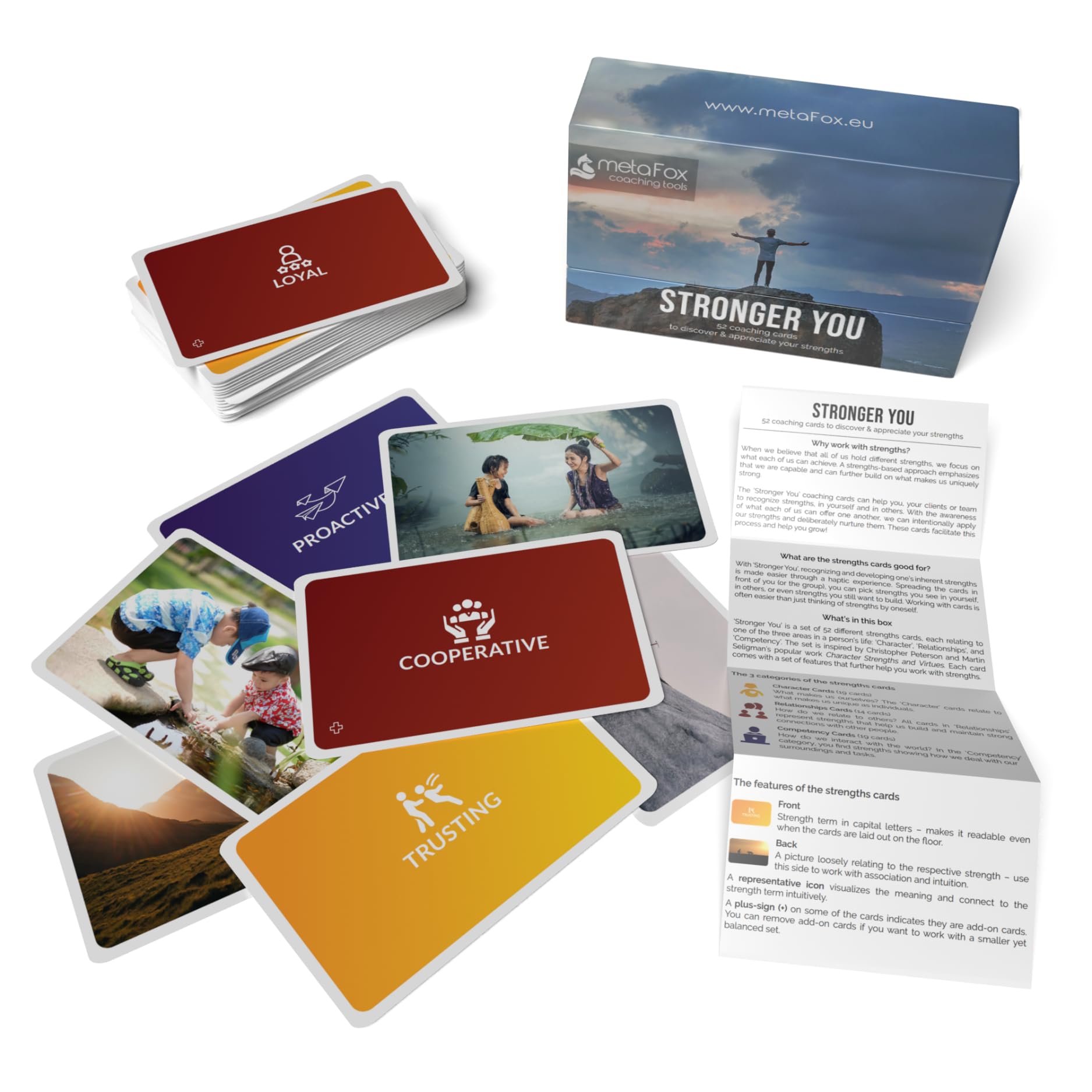 metaFox Stronger You | 52 Premium Strength Cards for Coaching, Therapy, Workshops & Team Building | Durable Coaching Cards with Strengths, Icons & Images | Compact Format for Multiple Uses | Perfect for Counselors, Therapists & HR Professionals